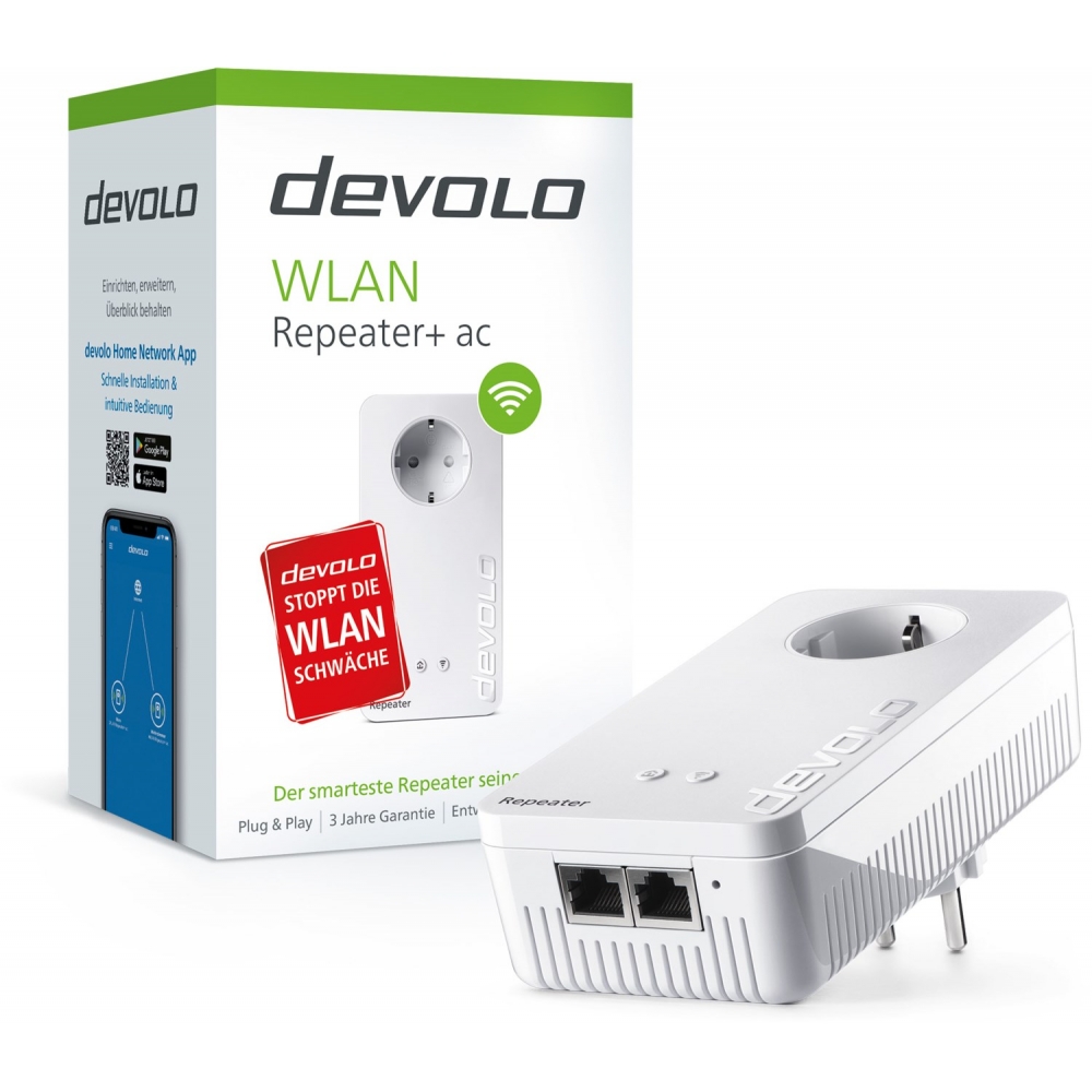 devolo WLAN Repeater+ ac WiFi-Verstärker mit Steckdose/1167 Mbit/s/2x  LAN-Ports